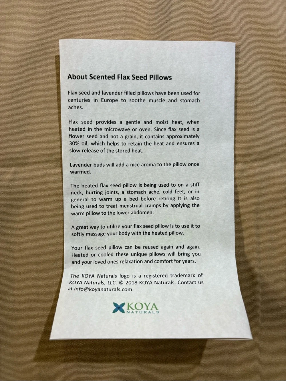 Koya naturals velvet flax seed and lavender heating pillow